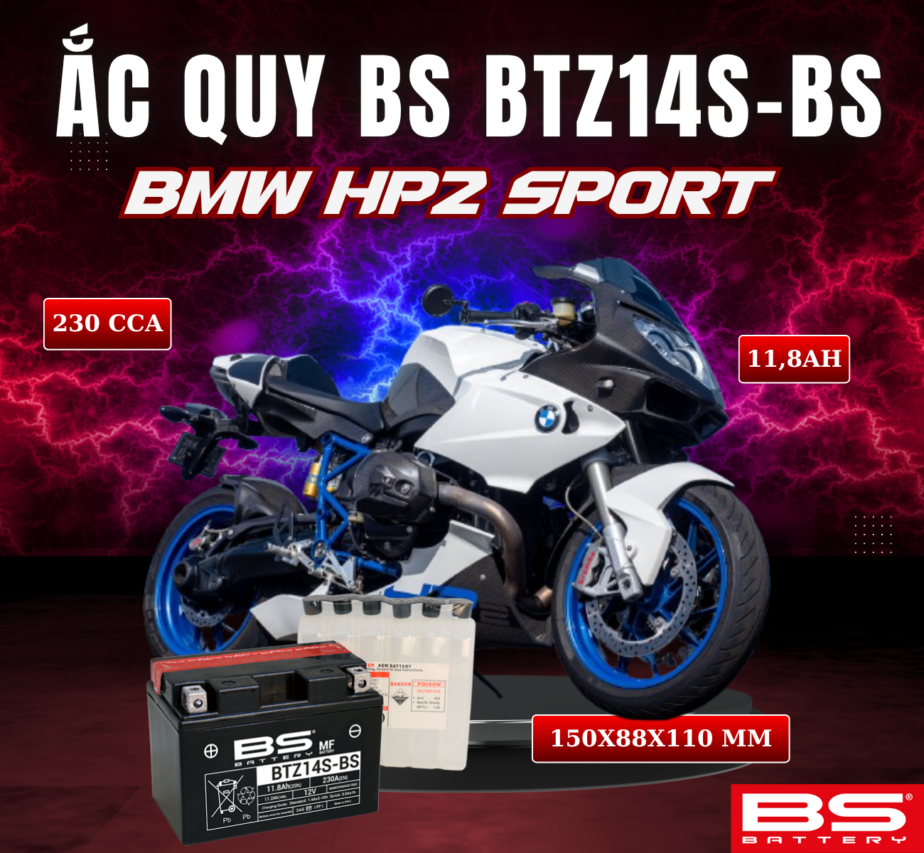BÌNH ẮC QUY BS BTZ14S-BS 230CCA BMW HP2 SPORT (150x88x110 mm)