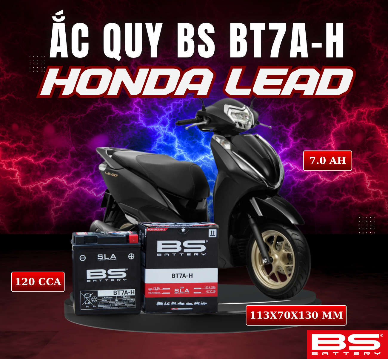 BÌNH ẮC QUY BS BT7A-H 120CCA HONDA LEAD (113x70x130 mm)