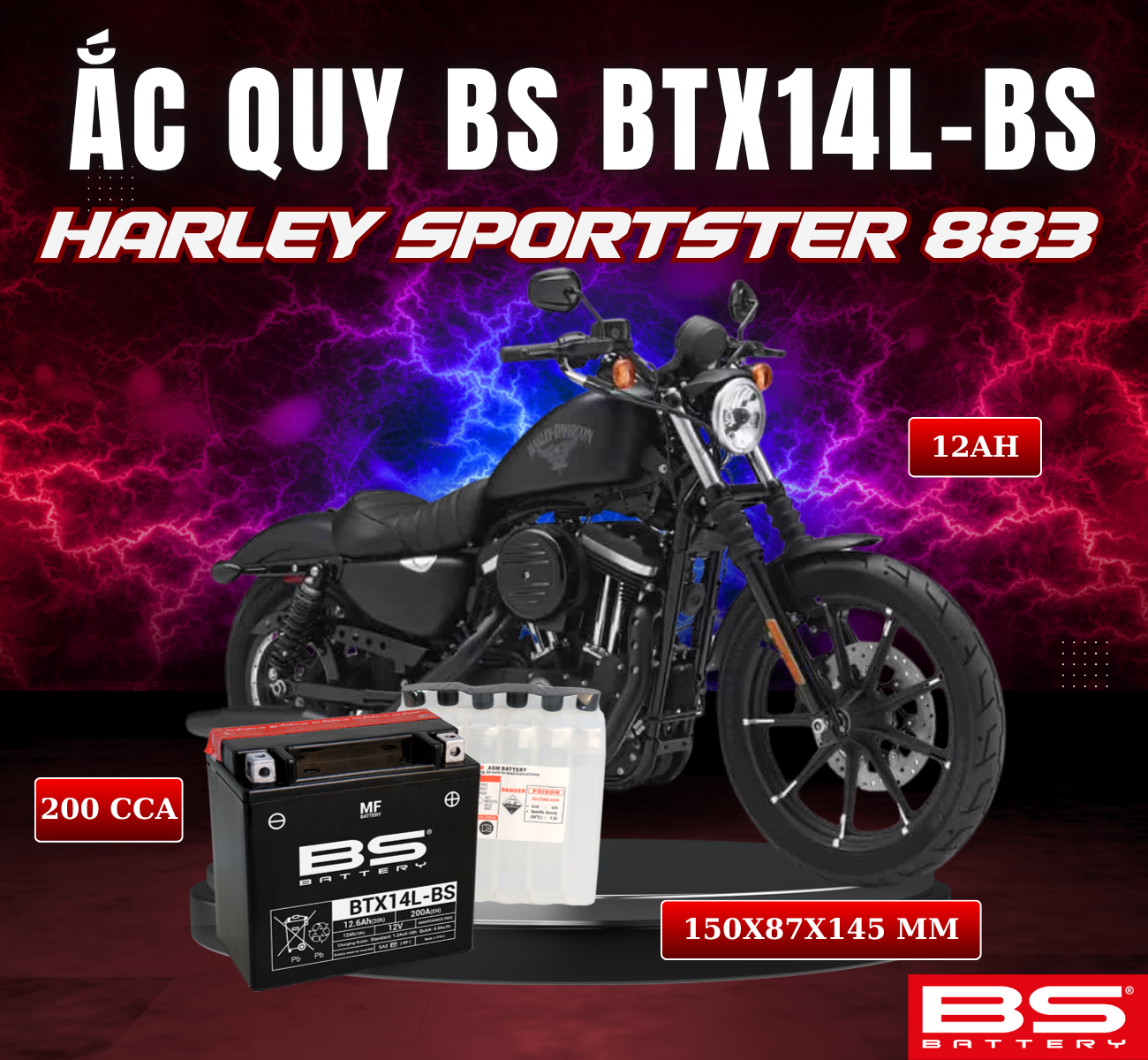 BÌNH ẮC QUY BS BTX14L-BS 200CCA HARLEY DAVIDSON SPORTSTER 883 04-14 (150x87x145 mm)