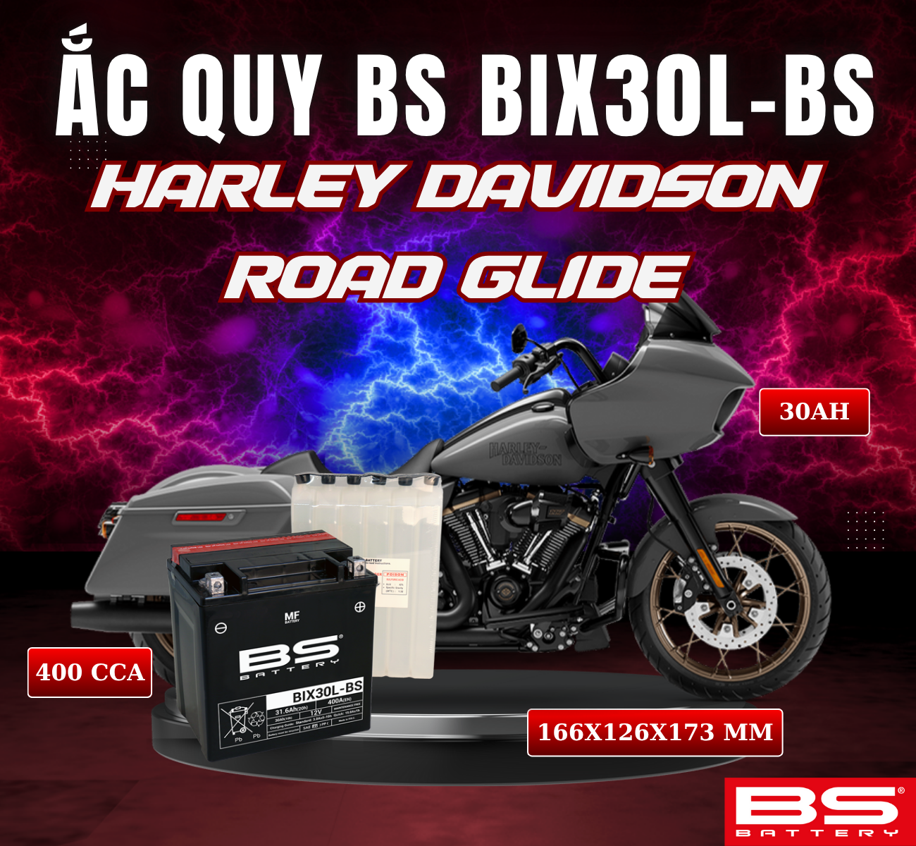 BÌNH ẮC QUY BS BIX30L-BS 400CCA  HARLEY DAVIDSON ROAD GLIDE (166x126x173 mm)