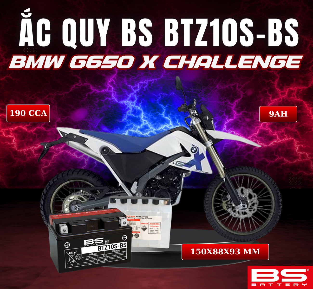 BÌNH ẮC QUY BS BATTERY BTZ10S-BS 190CCA BMW G650 X CHALLENGE (150 x 88 x 93 mm)