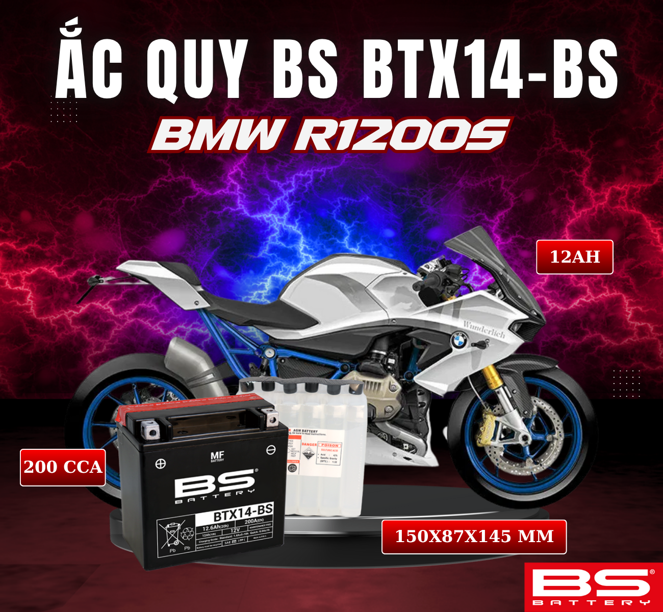 BÌNH ẮC QUY BS BTX14-BS 200CCA BMW R1200S (150x87x145 mm)