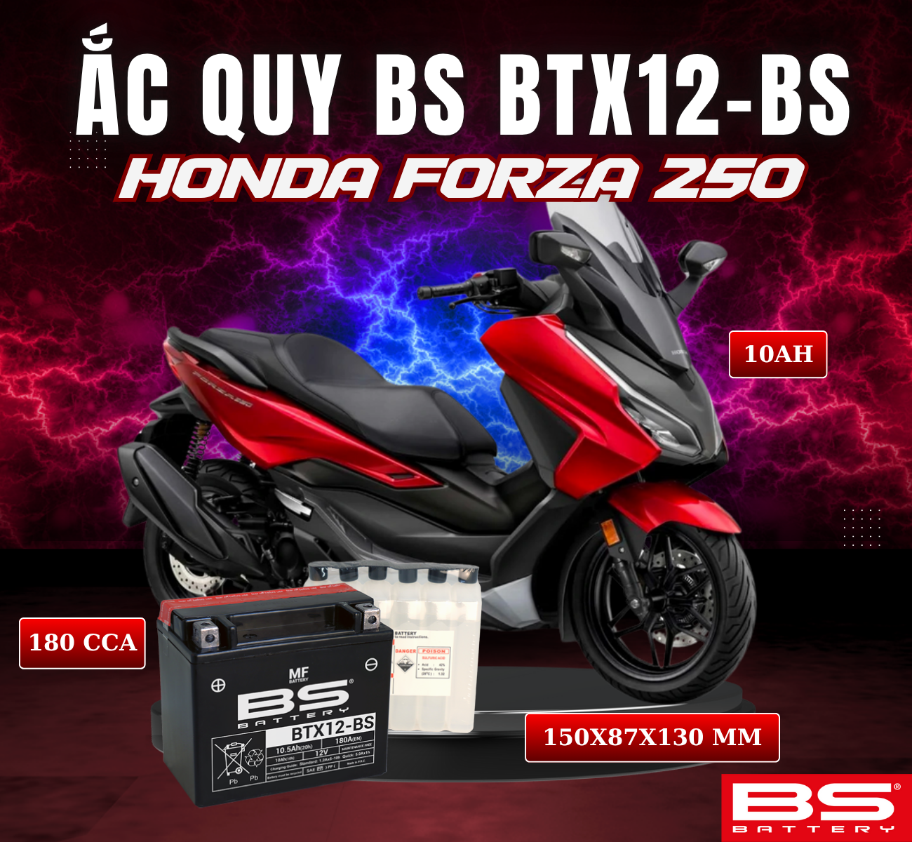 BÌNH ẮC QUY BS BTX12-BS 180CCA HONDA FORZA 250 (150x87x130 mm)