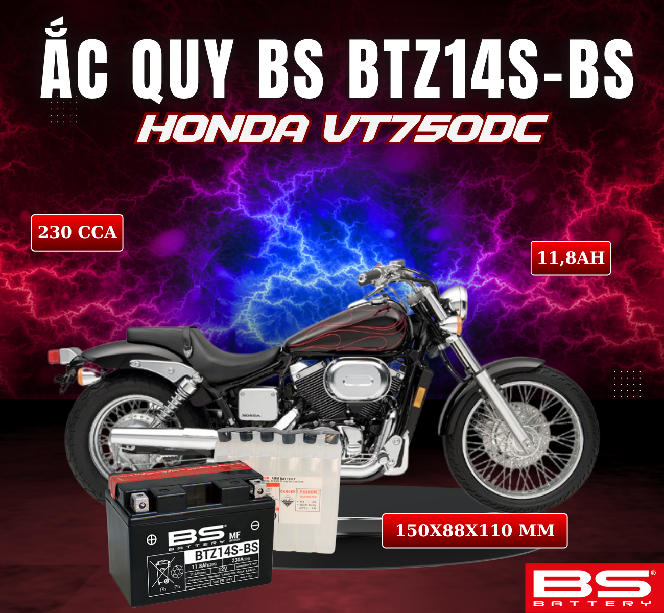 BÌNH ẮC QUY BS BTZ14S-BS 230CCA HONDA VT750DC (150x88x110 mm)
