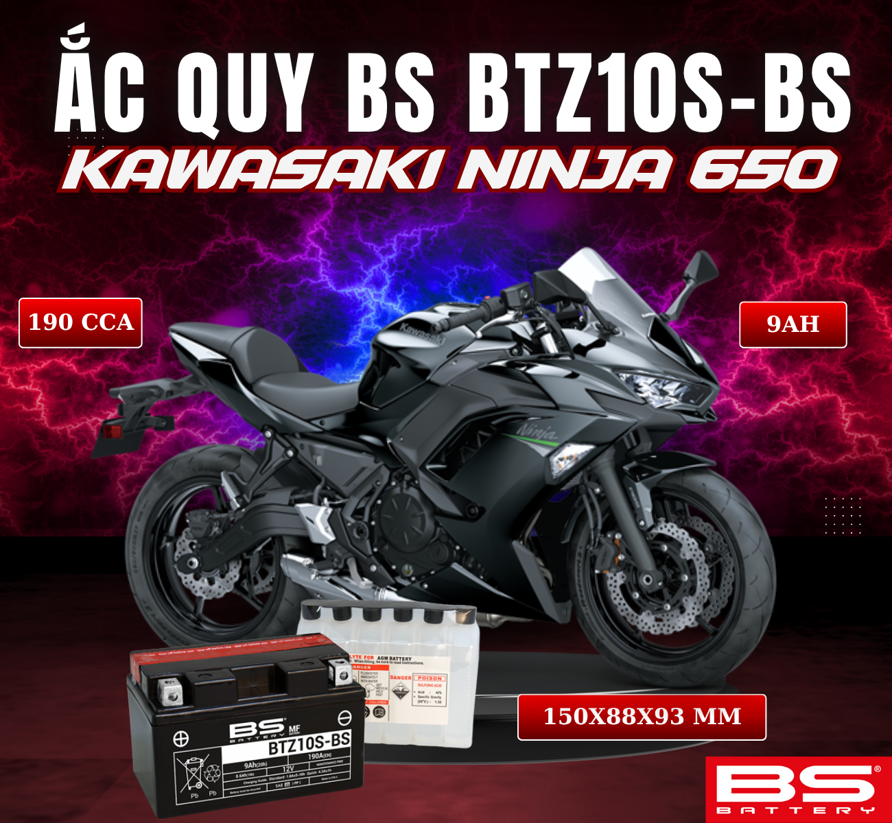 BÌNH ẮC QUY BS BATTERY BTZ10S-BS 190CCA KAWASAKI NINJA 650 (150 x 88 x 93 mm)