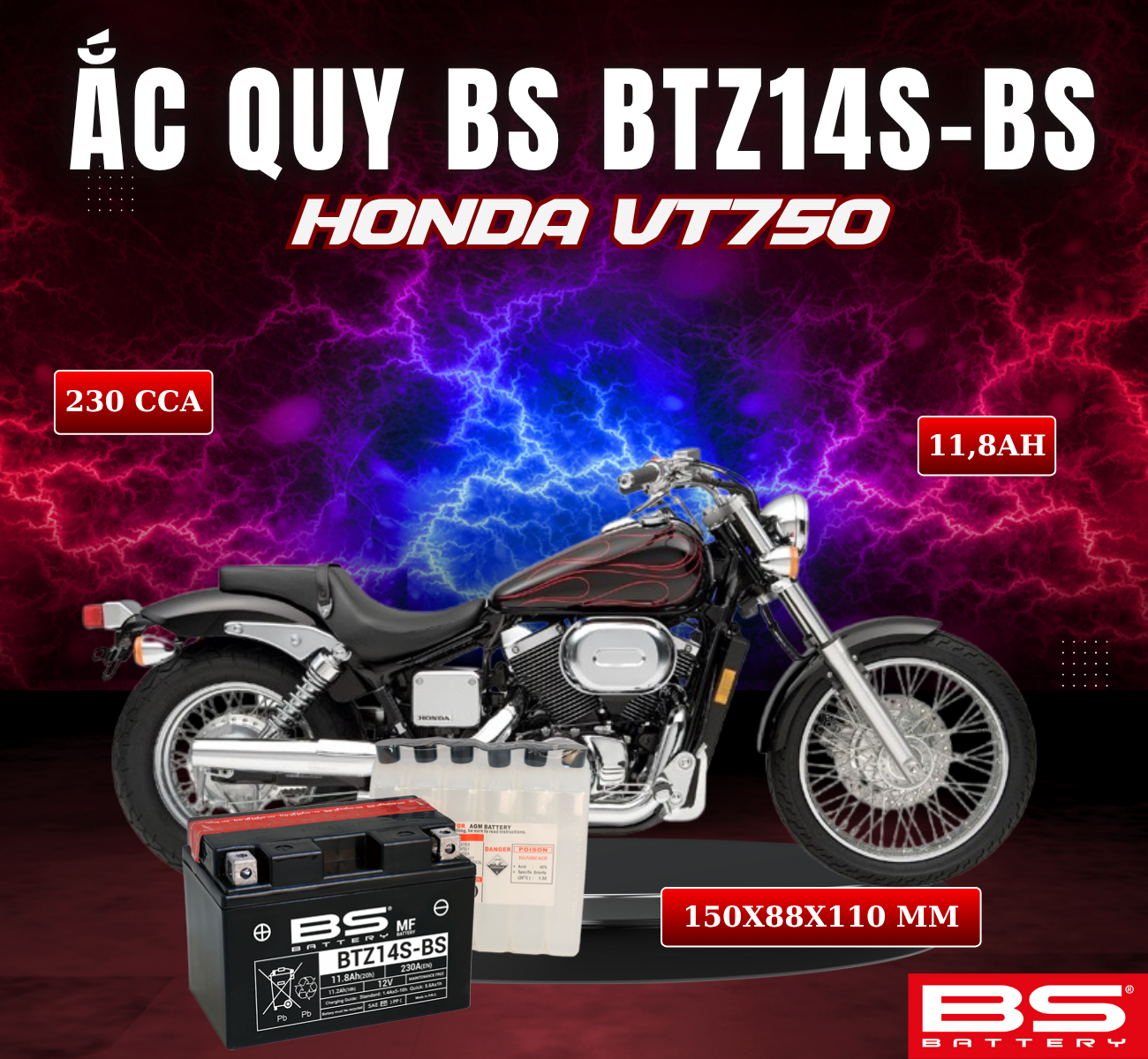 BÌNH ẮC QUY BS BTZ14S-BS 230CCA HONDA VT750 (150x88x110 mm)