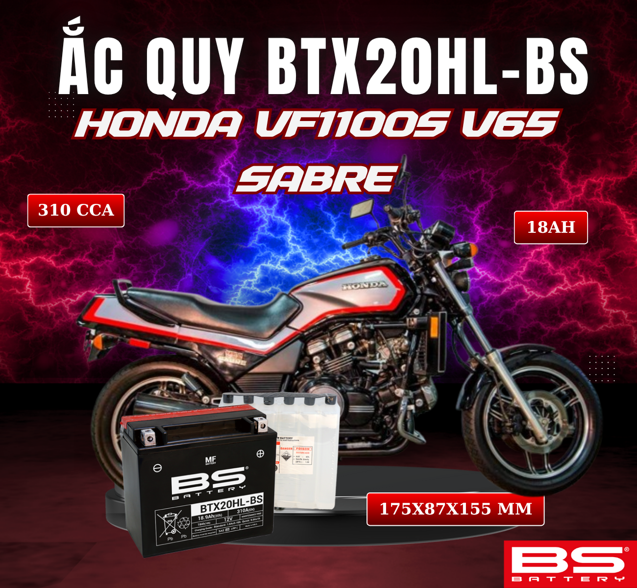 BÌNH ẮC QUY BS BTX20HL-BS 310CCA HONDA VF1100S V65 SABRE (175x87x155 mm)