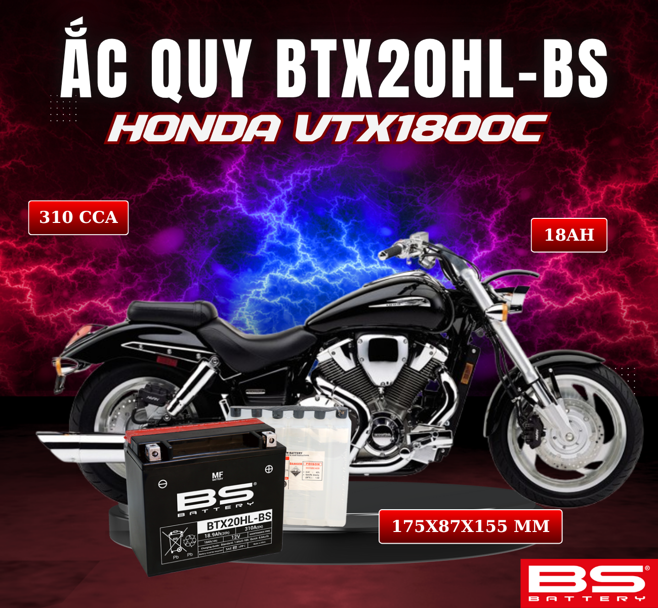 BÌNH ẮC QUY BS BTX20HL-BS 310CCA HONDA VTX1800C (175x87x155 mm)