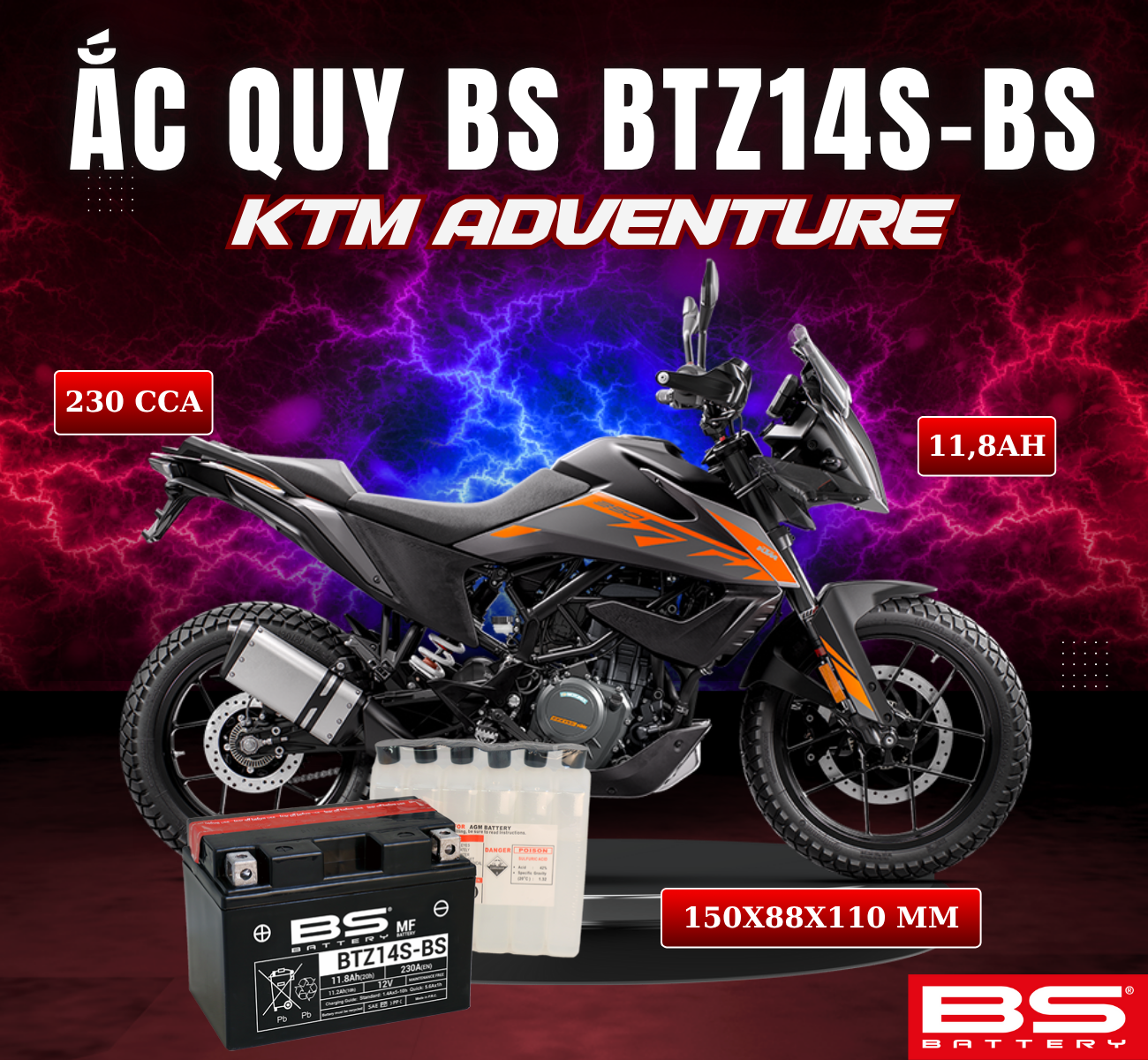 BÌNH ẮC QUY BS BTZ14S-BS 230CCA KTM ADVENTURE (150x88x110 mm)