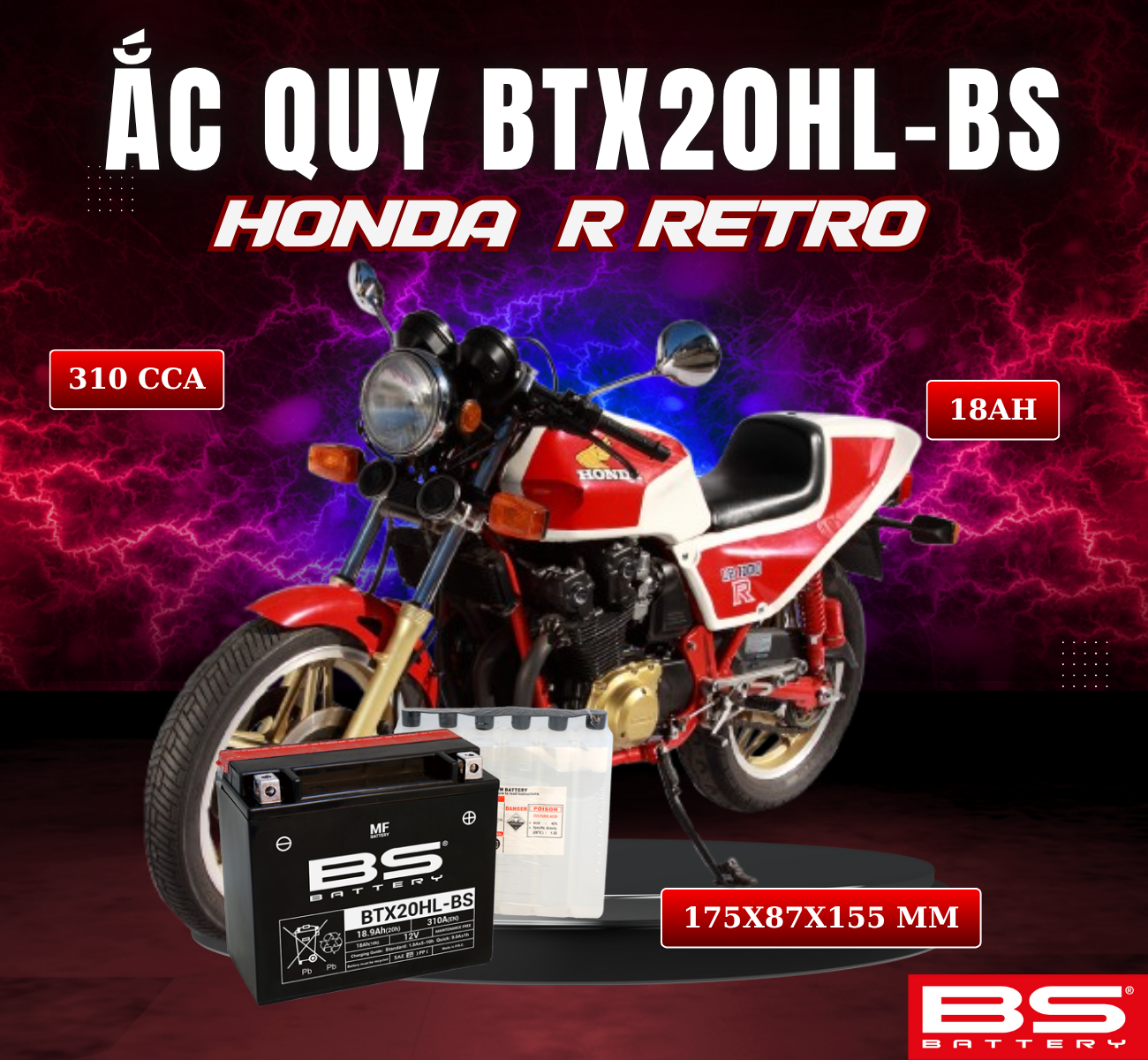 BÌNH ẮC QUY BS BTX20HL-BS 310CCA HONDA R RETRO (175x87x155 mm)
