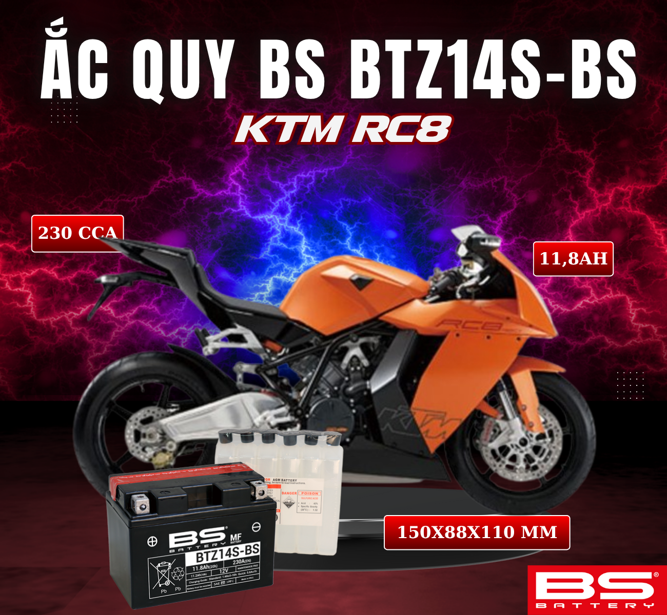 BÌNH ẮC QUY BS BTZ14S-BS 230CCA KTM RC8 (150x88x110 mm)