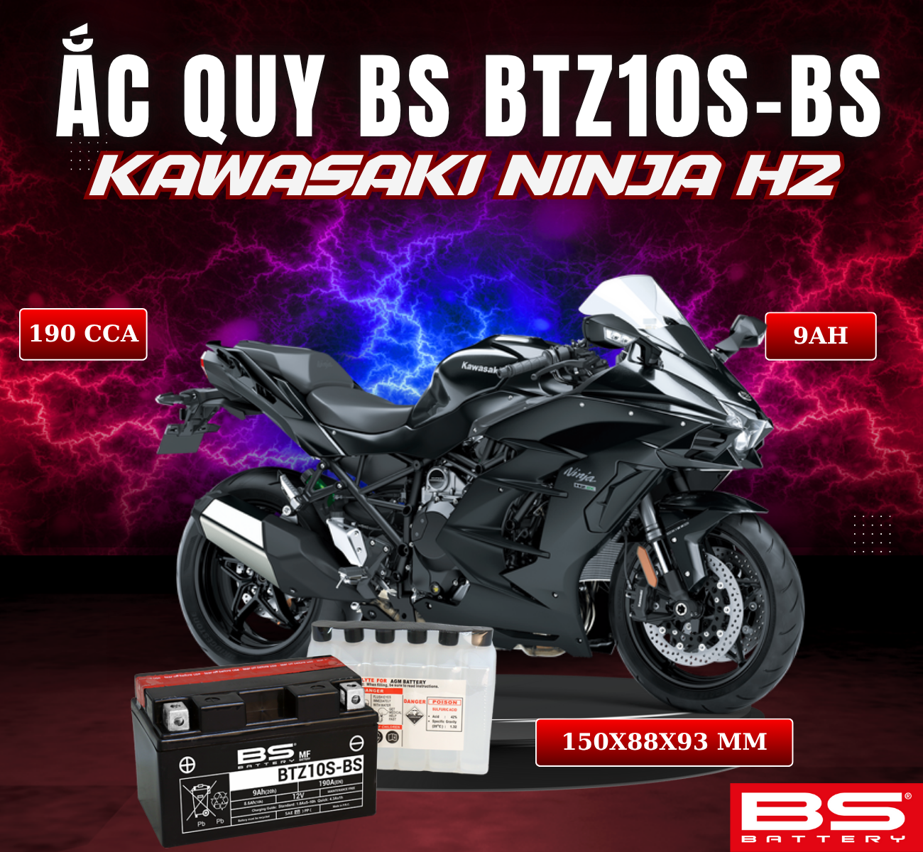 BÌNH ẮC QUY BS BATTERY BTZ10S-BS 190CCA KAWASAKI NINJA H2 (150 x 88 x 93 mm)