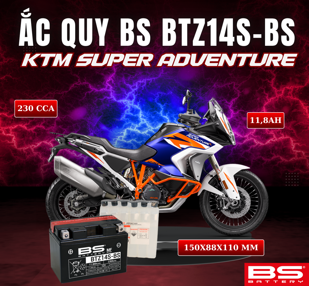 BÌNH ẮC QUY BS BTZ14S-BS 230CCA KTM SUPER ADVENTURE (150x88x110 mm)