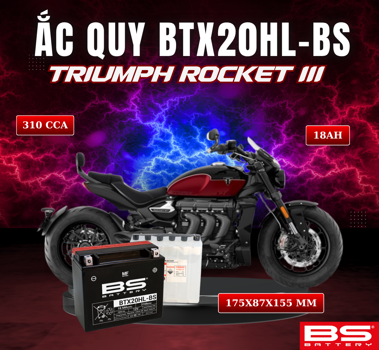BÌNH ẮC QUY BS BTX20HL-BS 310CCA TRIUMPH ROCKET III (175x87x155 mm)