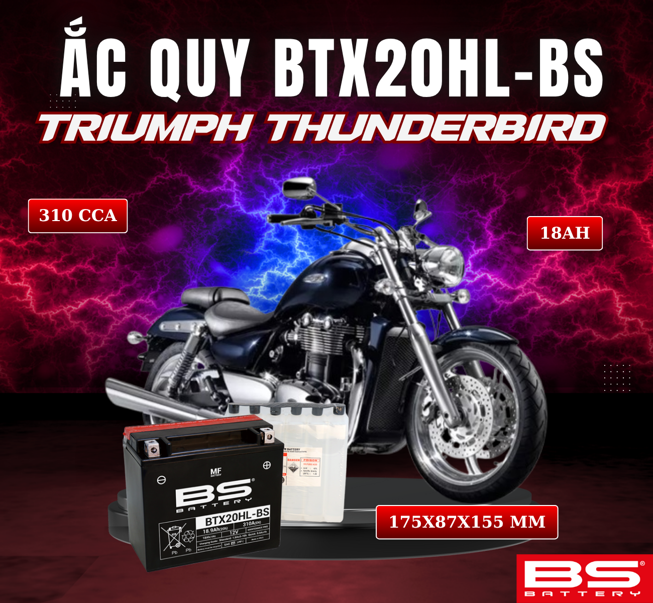 BÌNH ẮC QUY BS BTX20HL-BS 310CCA TRIUMPH THUNDERBIRD (175x87x155 mm)