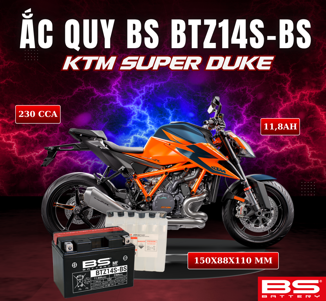 BÌNH ẮC QUY BS BTZ14S-BS 230CCA KTM SUPER DUKE (150x88x110 mm)