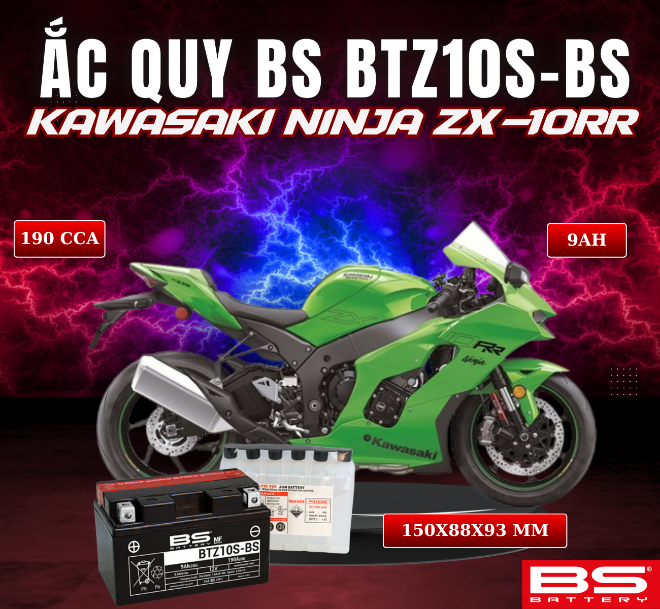 BÌNH ẮC QUY BS BATTERY BTZ10S-BS 190CCA KAWSAKI NINJA ZX10-RR (150 x 88 x 93 mm)