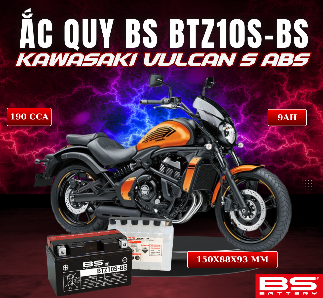 BÌNH ẮC QUY BS BATTERY BTZ10S-BS 190CCA KAWASAKI VULCAN S ABS (150 x 88 x 93 mm)
