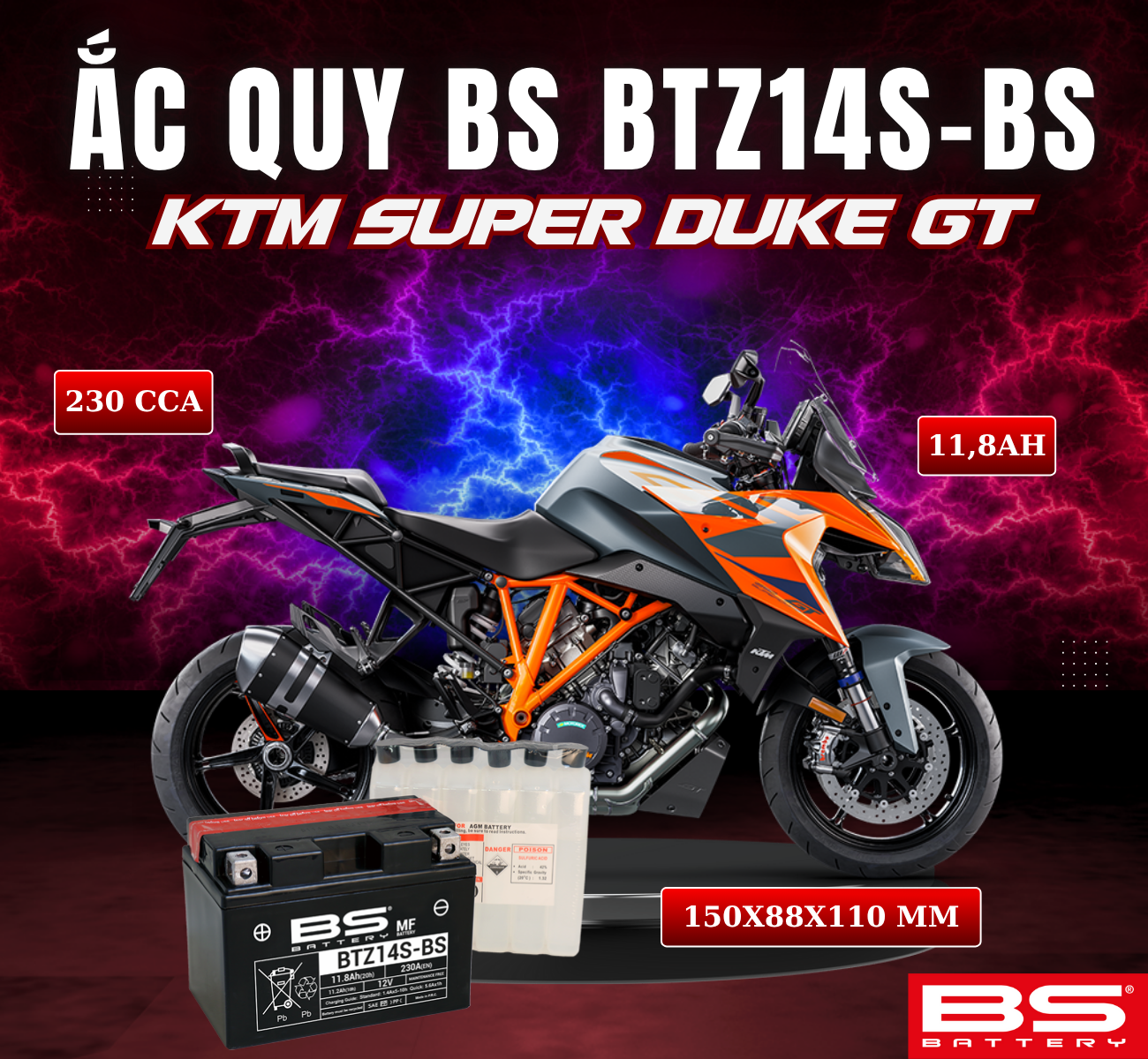 BÌNH ẮC QUY BS BTZ14S-BS 230CCA KTM SUPER DUKE GT (150x88x110 mm)