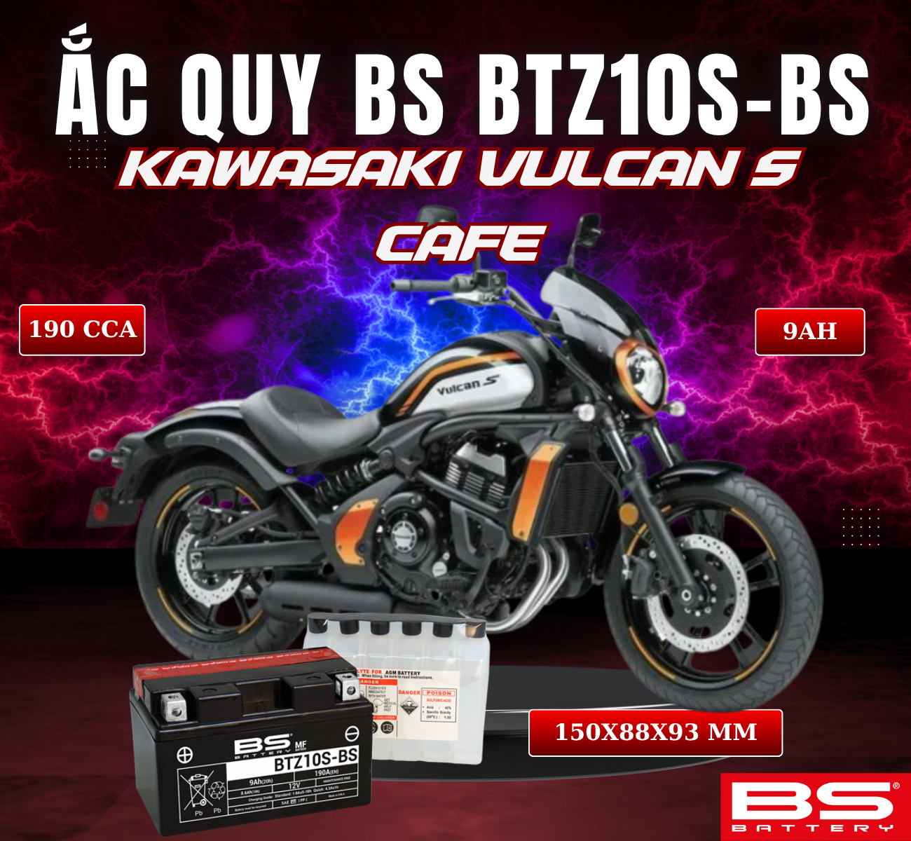 BÌNH ẮC QUY BS BATTERY BTZ10S-BS 190CCA KAWASAKI VULCAN S CAFE(150 x 88 x 93 mm)