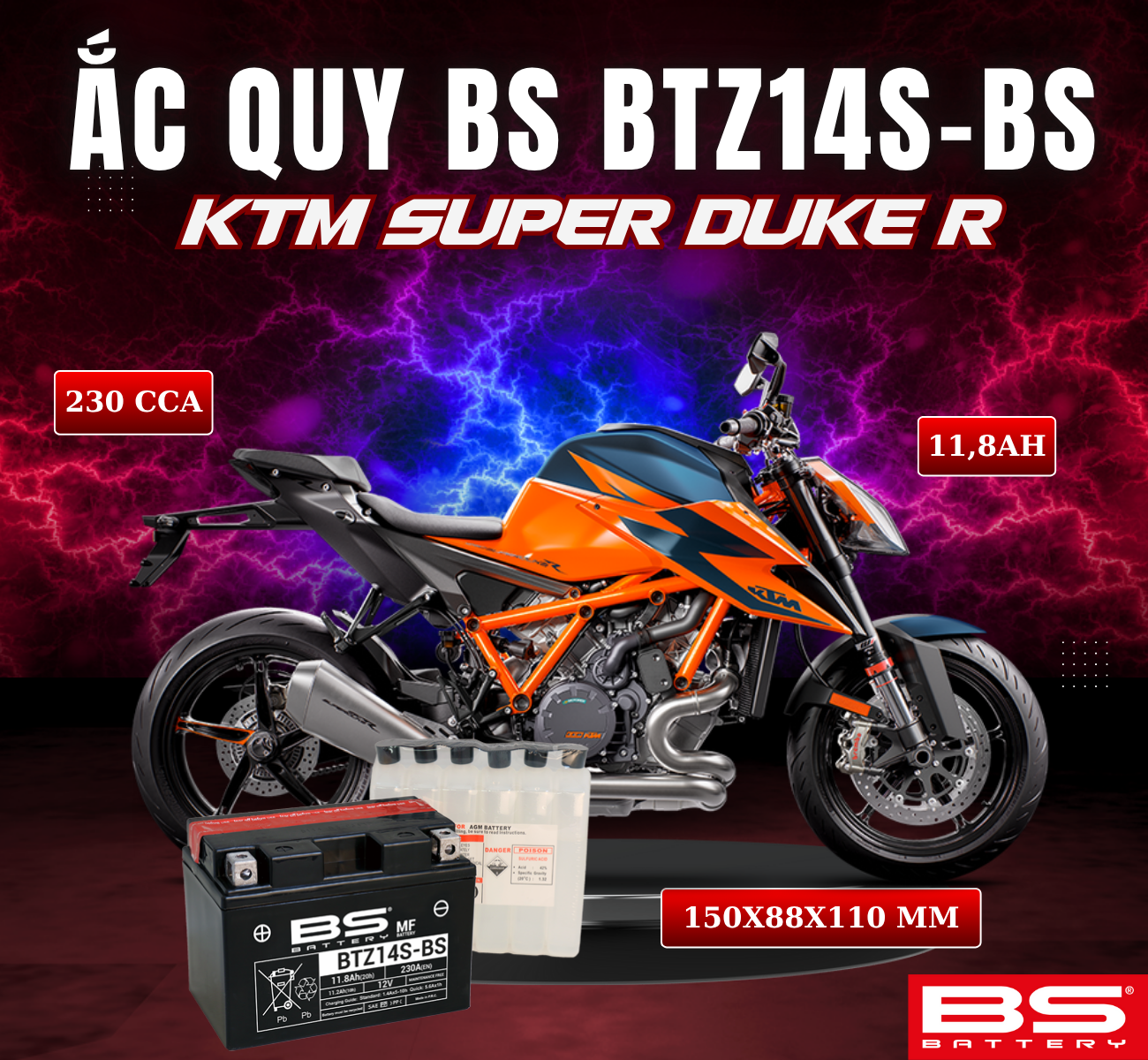 BÌNH ẮC QUY BS BTZ14S-BS 230CCA KTM SUPER DUKE R (150x88x110 mm)