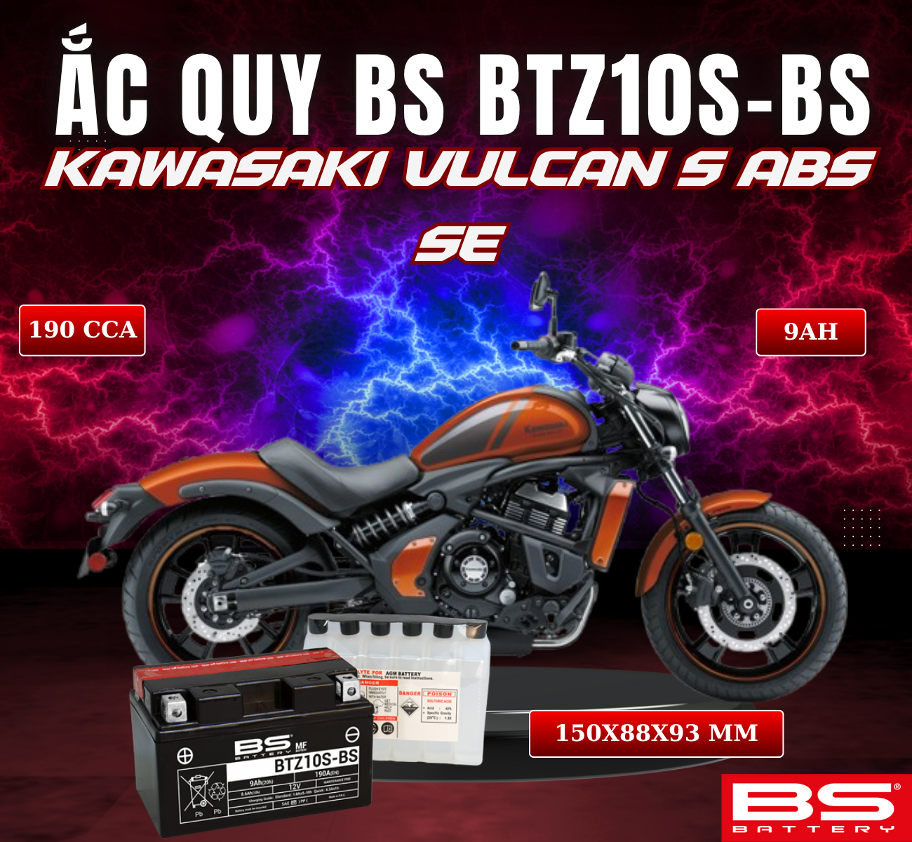 BÌNH ẮC QUY BS BATTERY BTZ10S-BS 190CCA VULCAN S ABS SE (150 x 88 x 93 mm)