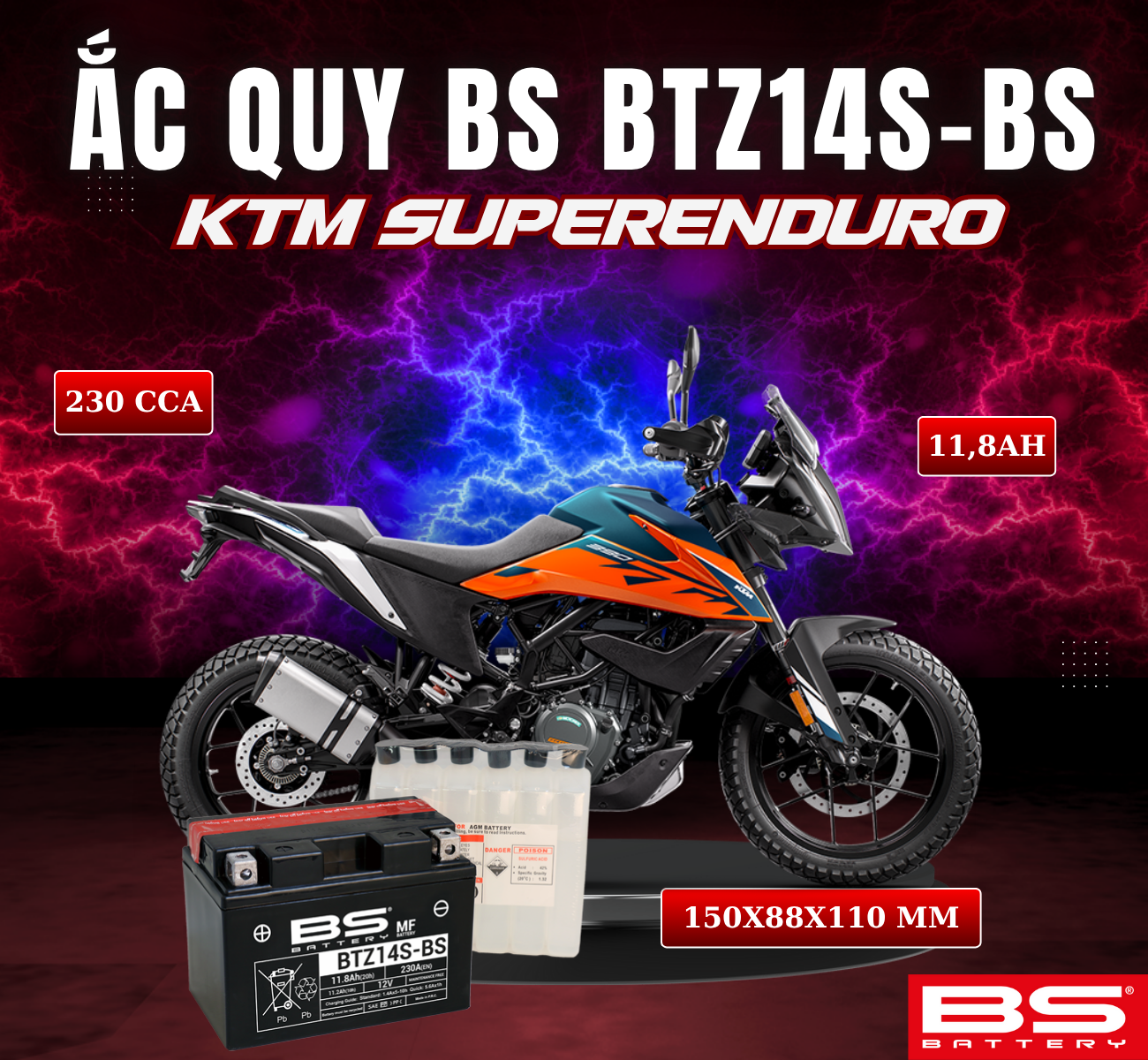 BÌNH ẮC QUY BS BTZ14S-BS 230CCA KTM SUPER EDURO (150x88x110 mm)
