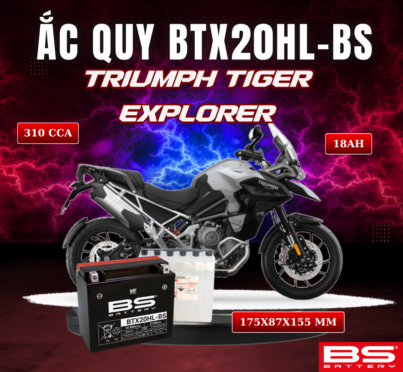 BÌNH ẮC QUY BS BTX20HL-BS 310CCA TRIUMPH TIGER EXPLORER (175x87x155 mm)