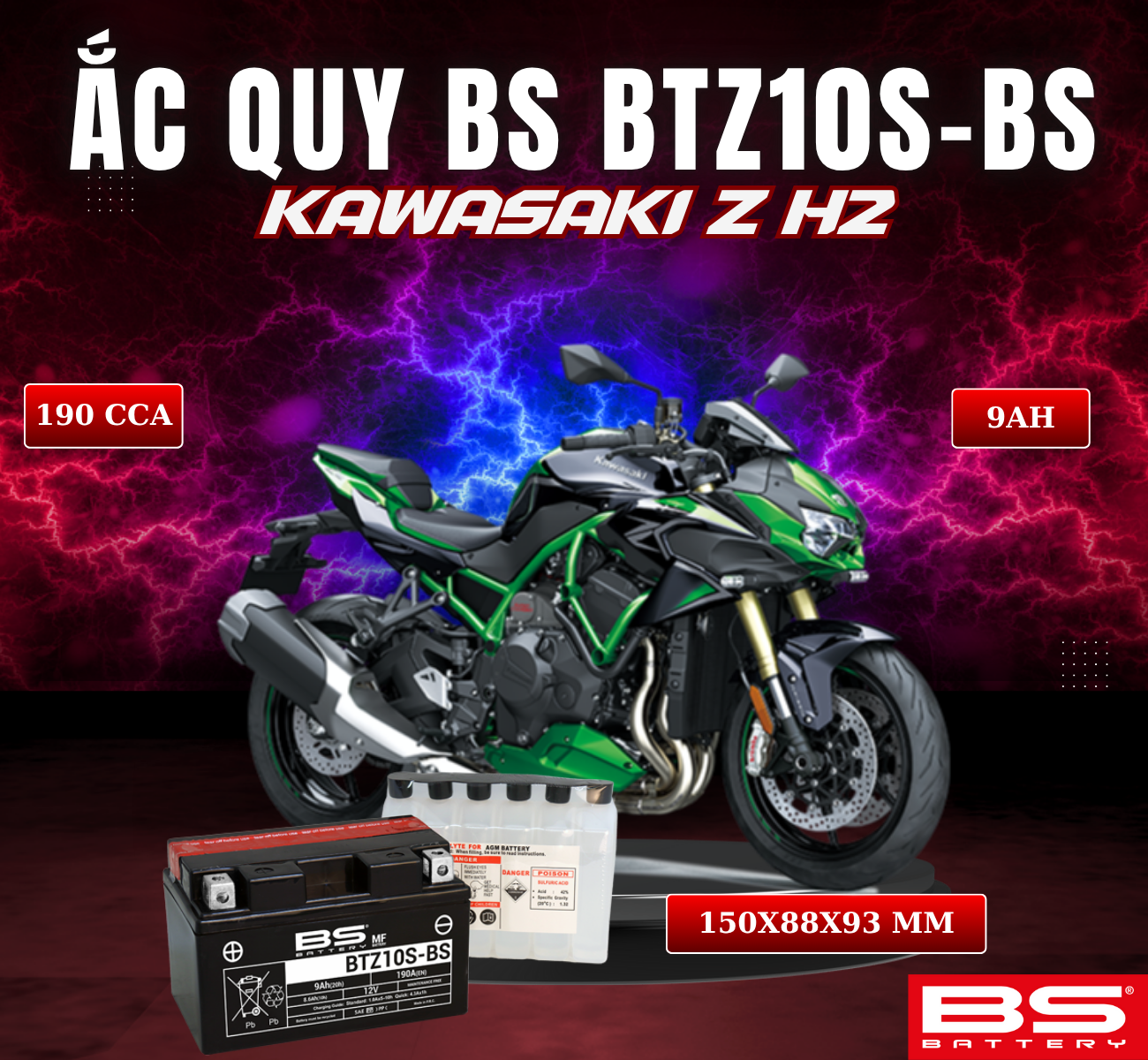 BÌNH ẮC QUY BS BATTERY BTZ10S-BS 190CCA KAWASAKI Z H2 (150 x 88 x 93 mm)