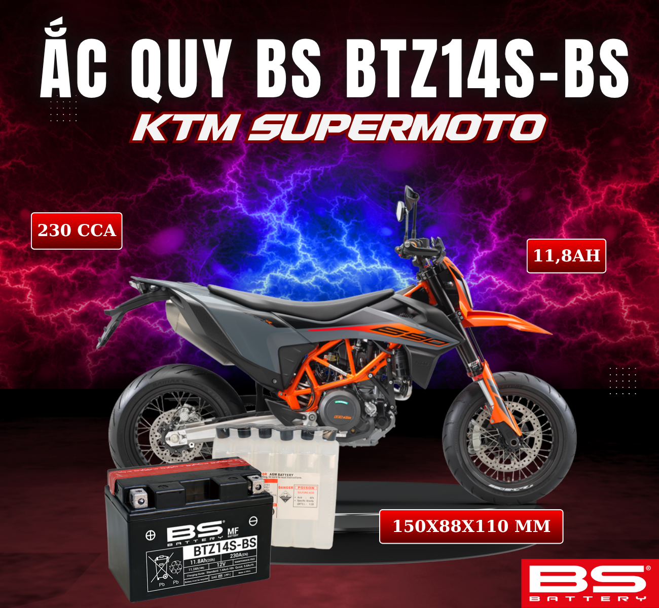 BÌNH ẮC QUY BS BTZ14S-BS 230CCA KTM SUPER MOTO (150x88x110 mm)