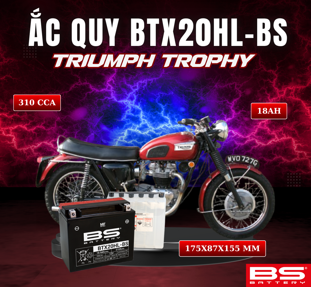 BÌNH ẮC QUY BS BTX20HL-BS 310CCA TRIUMPH TROPHY (175x87x155 mm)