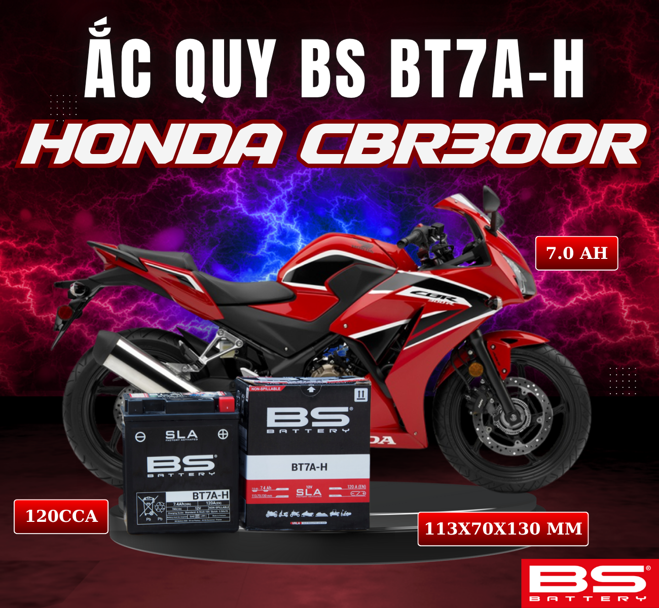 BÌNH ẮC QUY BS BT7A-H 120CCA HONDA CBR300R (113x70x130 mm)