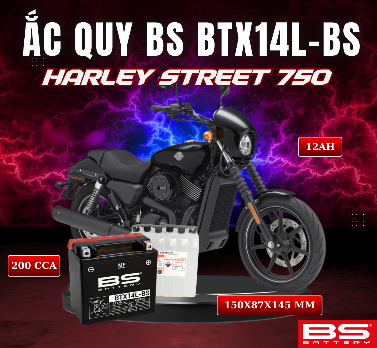 BÌNH ẮC QUY BS BTX14L-BS 200CCA HARLEY DAVIDSON STREET 750 14-15 (150x87x145 mm)