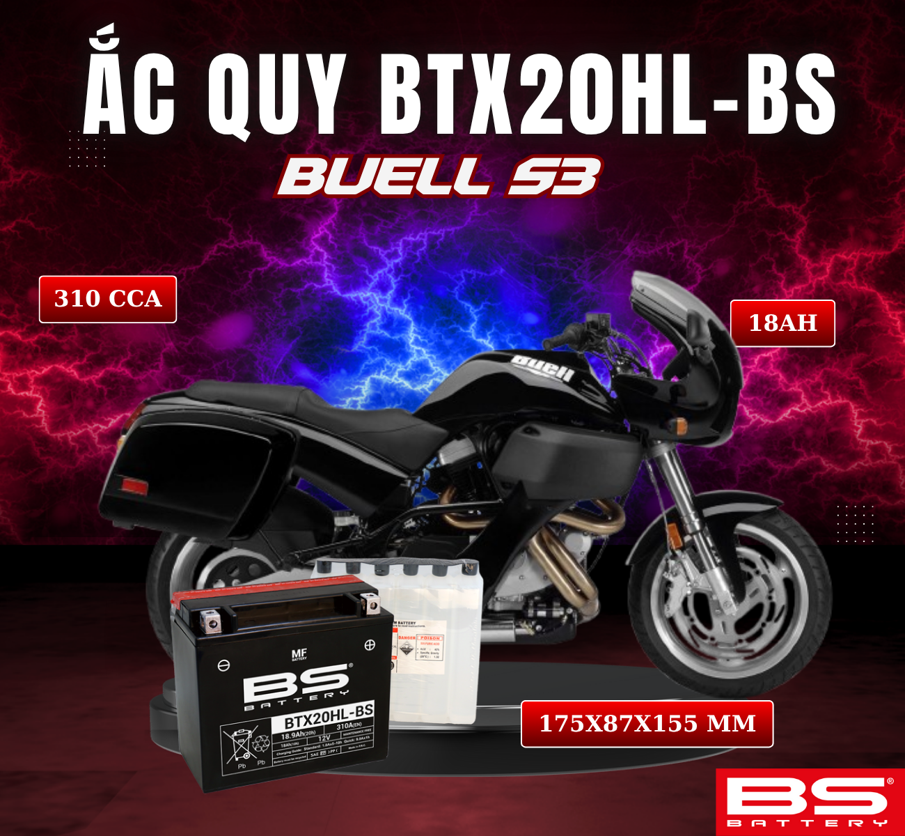 BÌNH ẮC QUY BS BTX20HL-BS 310CCA BUELL S3 (175x87x155 mm)