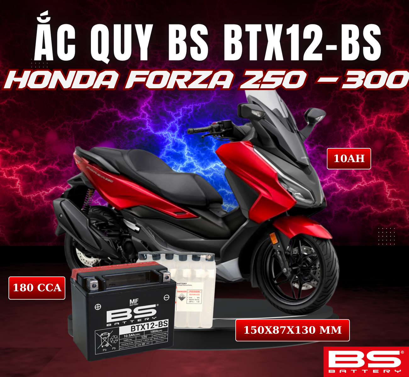 BÌNH ẮC QUY BS BTX12-BS 180CCA HONDA FORZA 300 (150x87x130 mm)