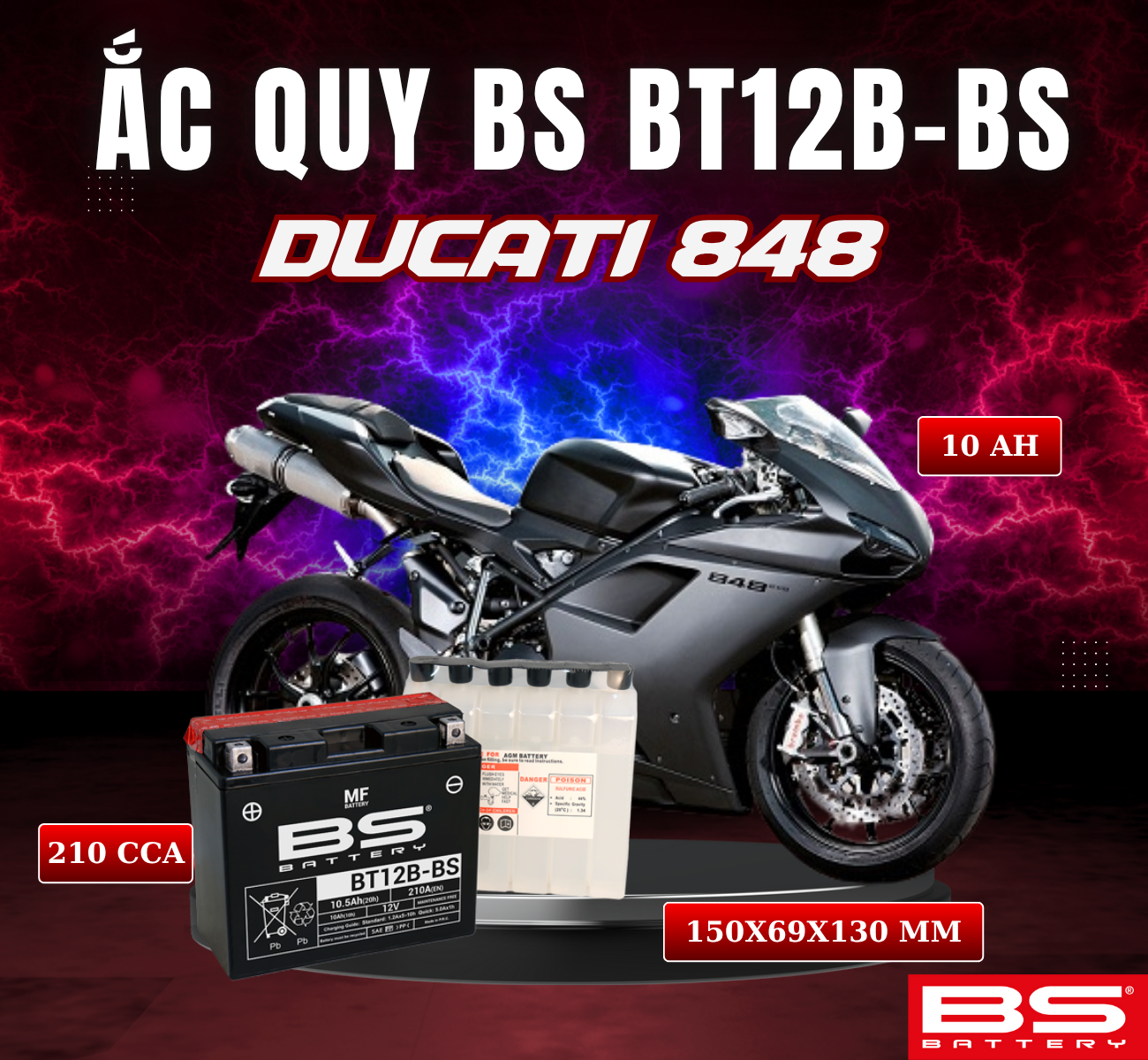 BÌNH ẮC QUY BS BT12B-BS 210CCA DUCATI 848 (150x69x130 mm)