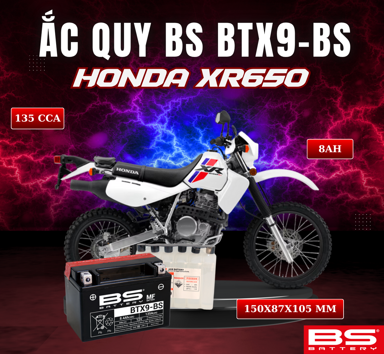 BÌNH ẮC QUY BS BATTERY BTX9-BS 135CCA HONDA XR650 (1993-2015) (150 x 87 x 105 mm)