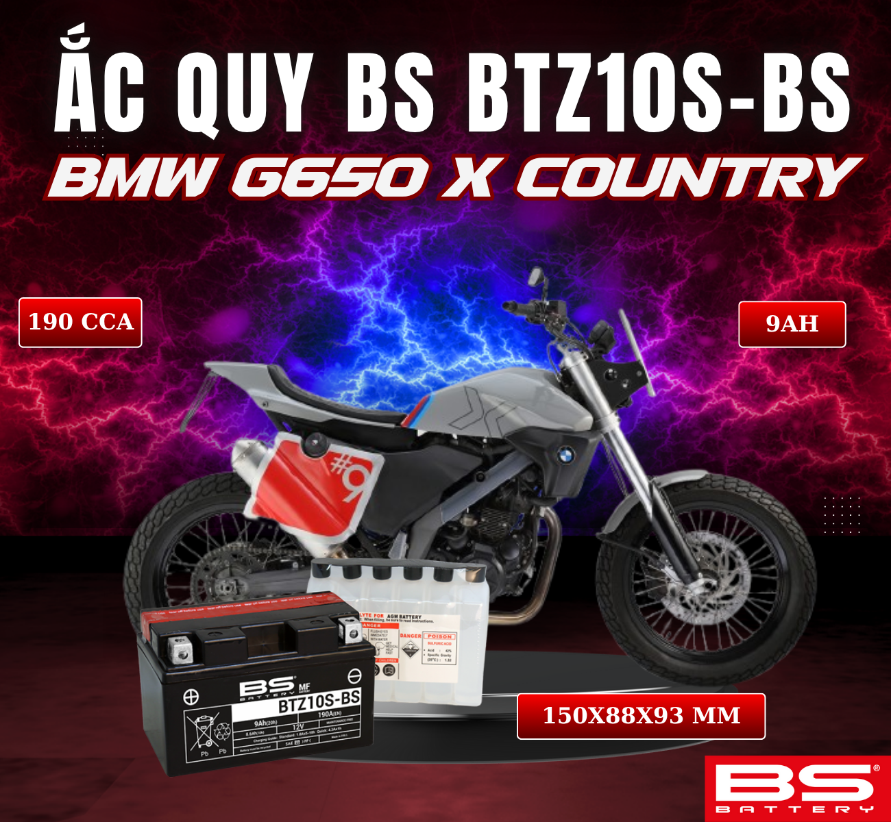 BÌNH ẮC QUY BS BATTERY BTZ10S-BS 190CCA BMW G650 X COUNTRY (150 x 88 x 93 mm)