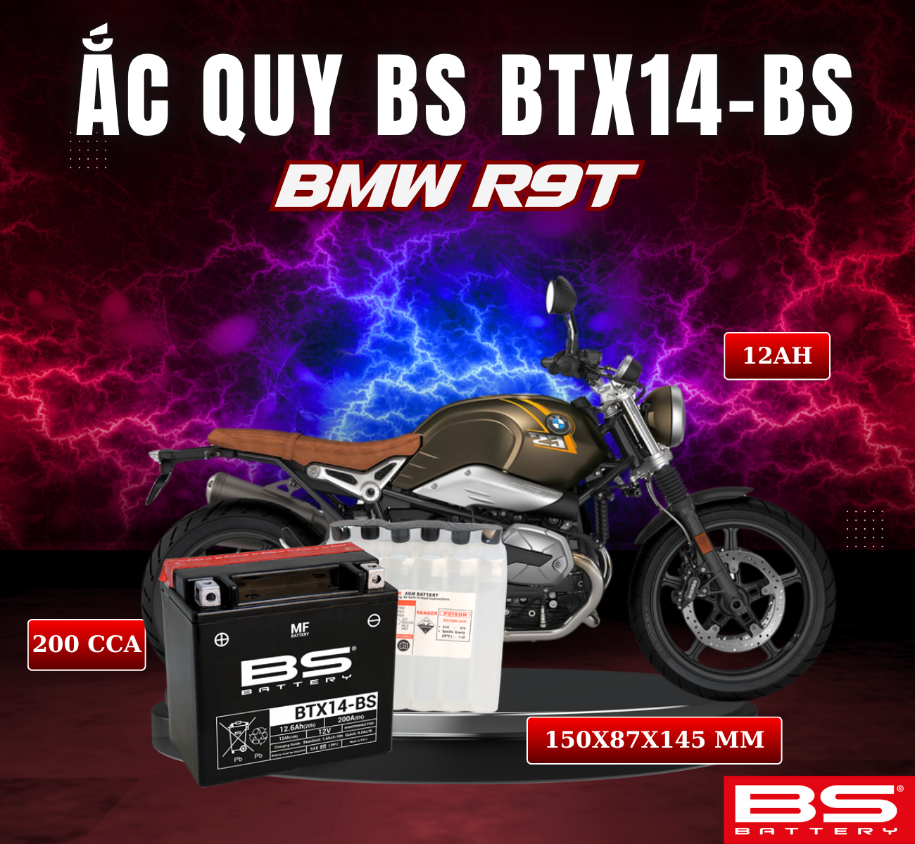 BÌNH ẮC QUY BS BTX14-BS 200CCA BMW R9T (150x87x145 mm)