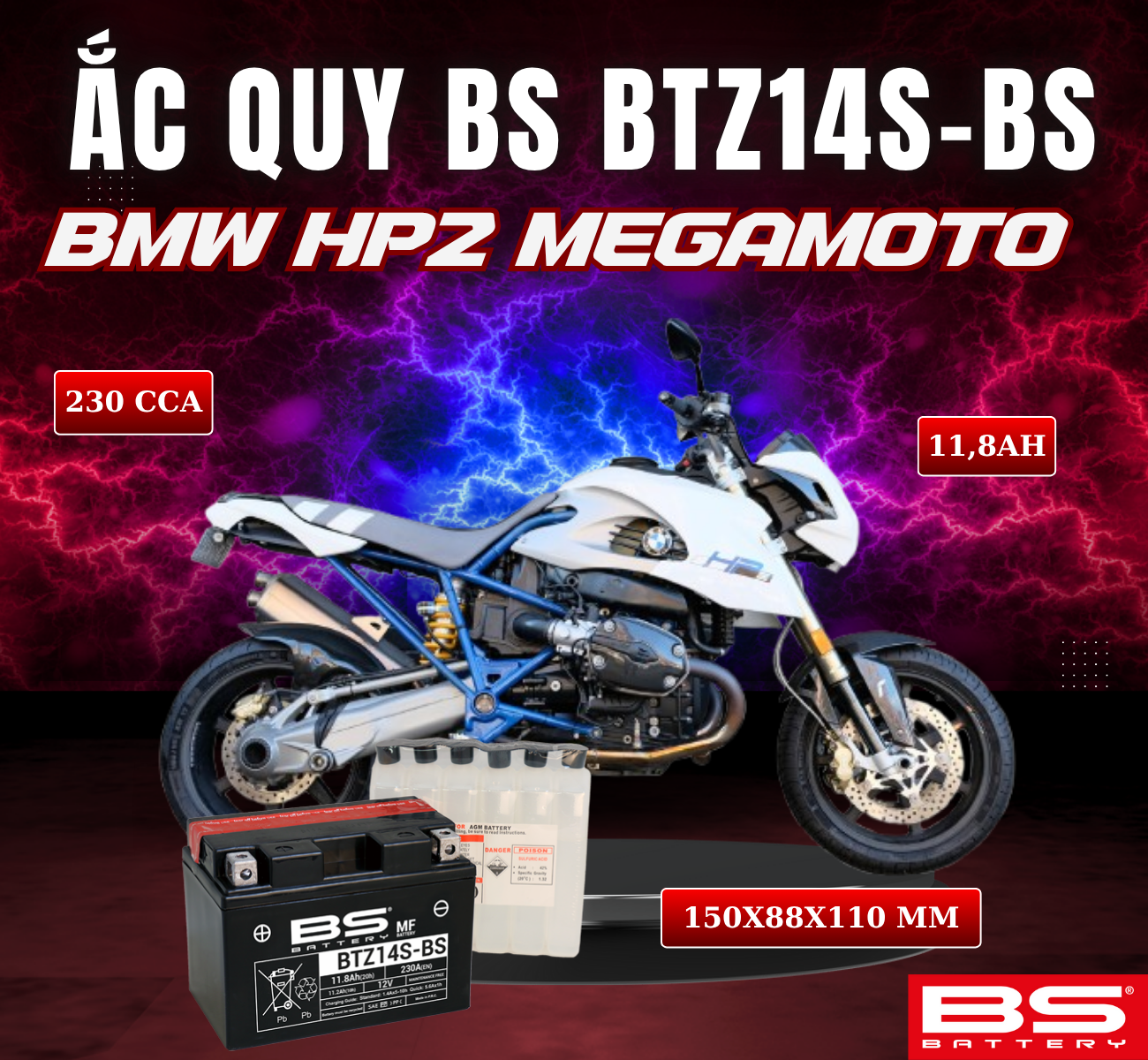 BÌNH ẮC QUY BS BTZ14S-BS 230CCA BMW HP2 MEGAMOTO (150x88x110 mm)