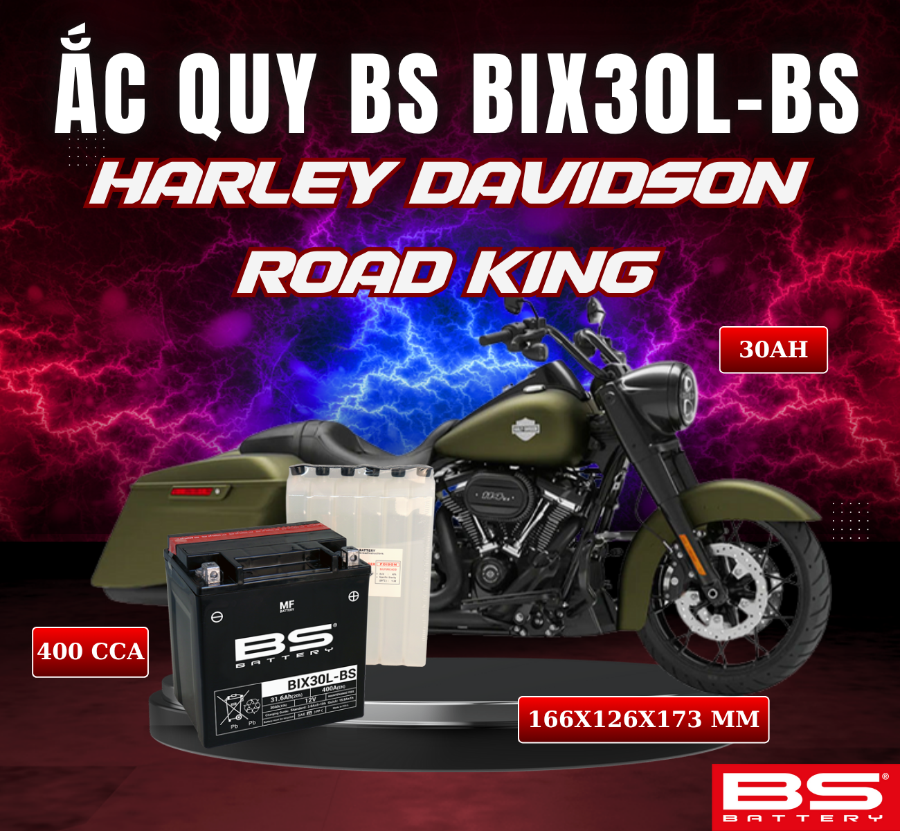 BÌNH ẮC QUY BS BIX30L-BS 400CCA HARLEY DAVIDSON ROAD KING (166x126x173 mm)