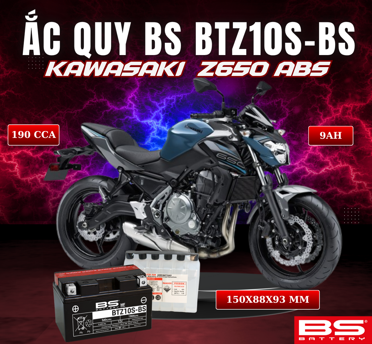 BÌNH ẮC QUY BS BATTERY BTZ10S-BS 190CCA KAWASAKI Z650 ABS (150 x 88 x 93 mm)
