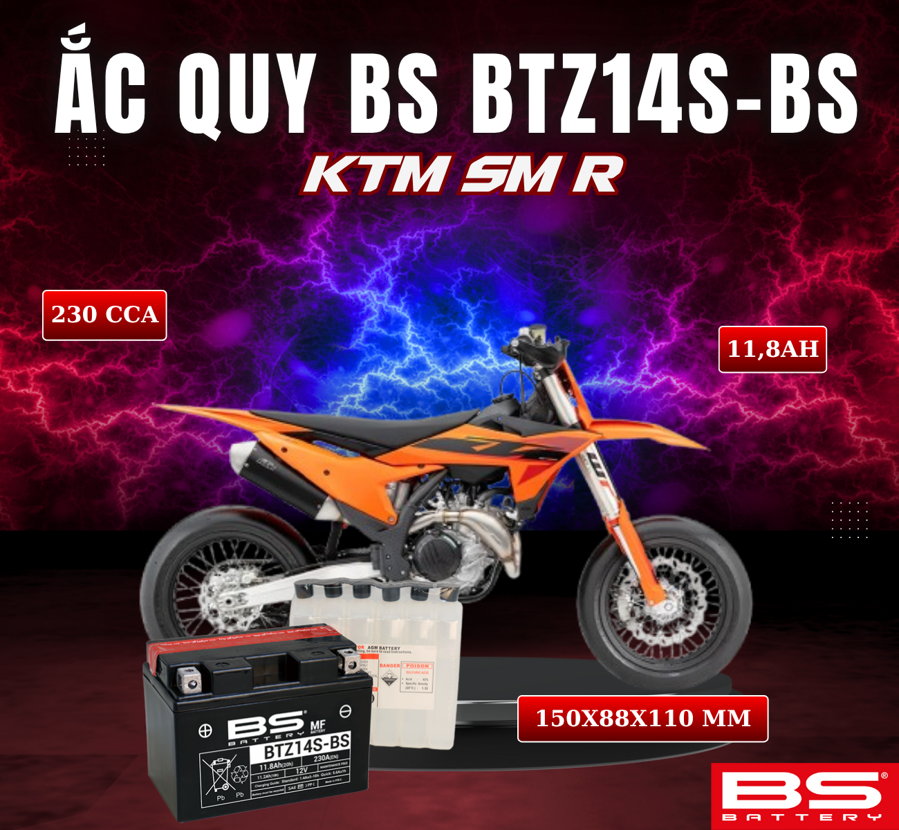 BÌNH ẮC QUY BS BTZ14S-BS 230CCA KTM SM R (150x88x110 mm)