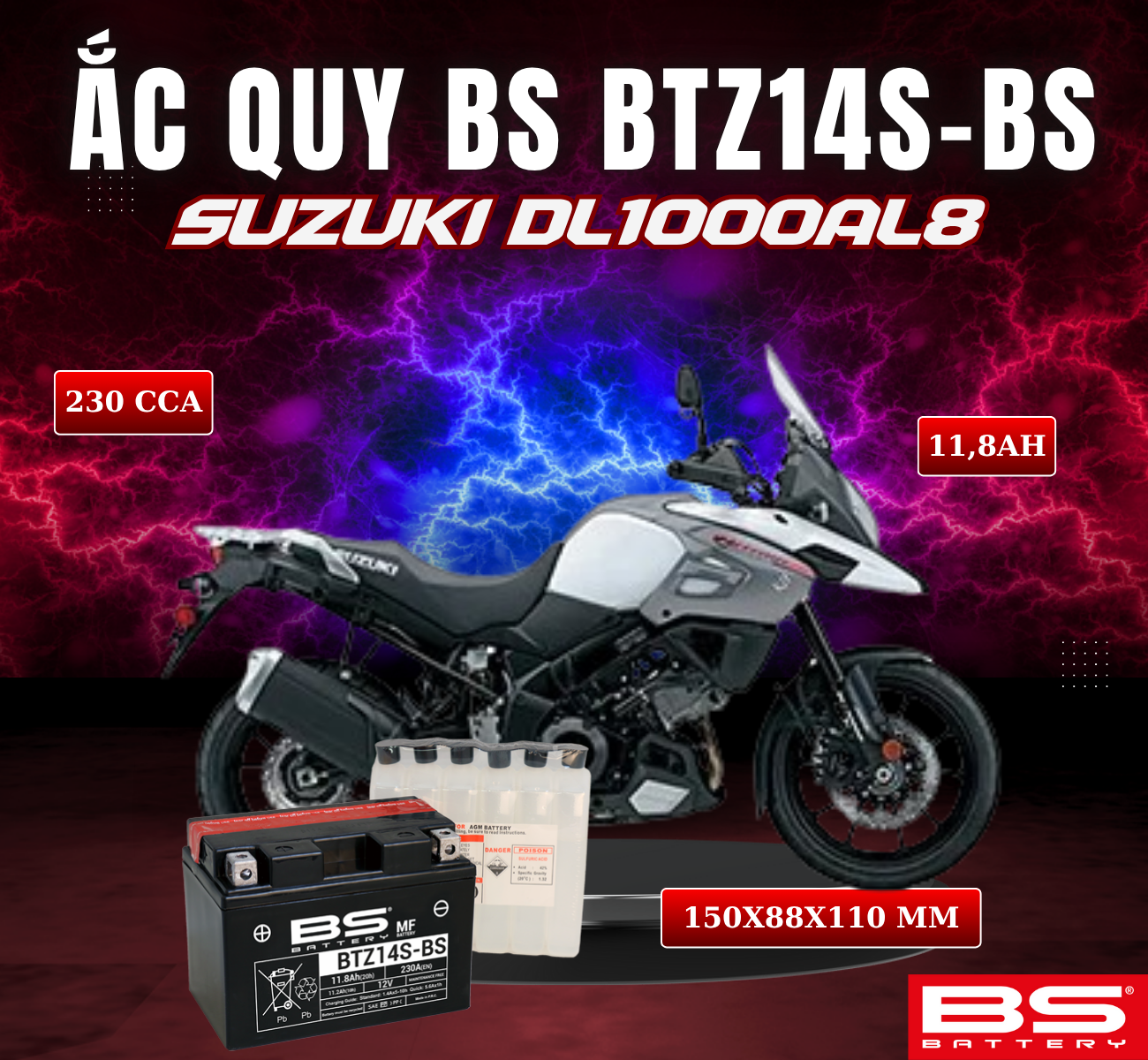 BÌNH ẮC QUY BS BTZ14S-BS 230CCA SUZUKI DL1000AL8 (150x88x110 mm)