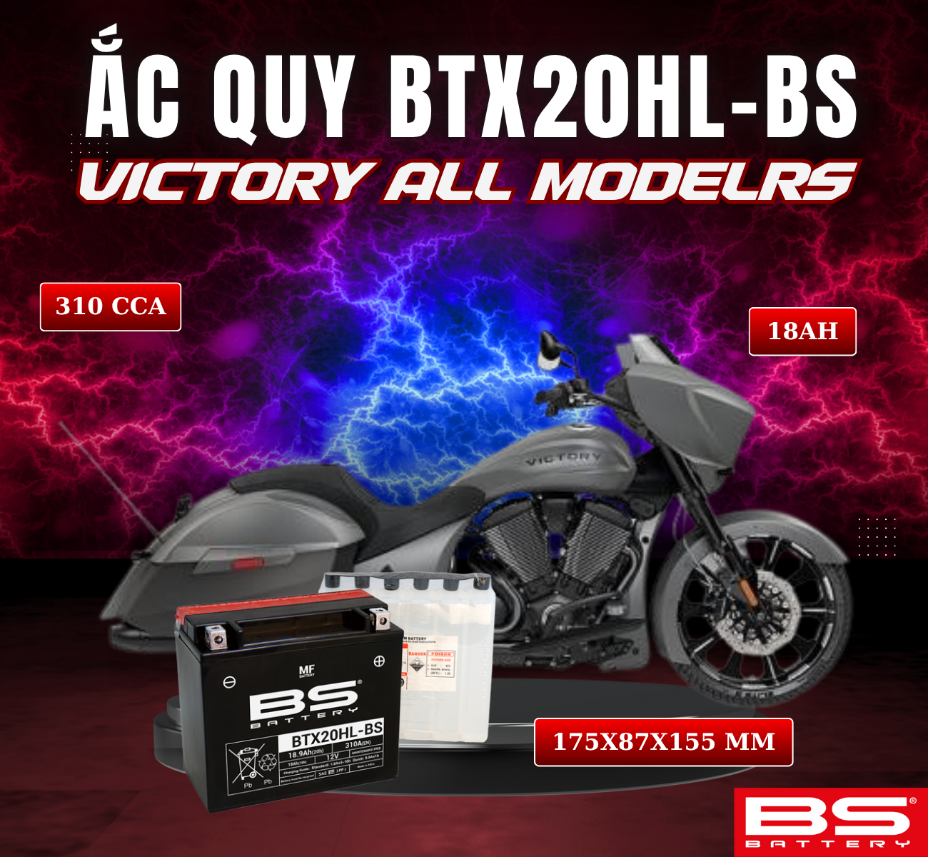 BÌNH ẮC QUY BS BTX20HL-BS 310CCA VICTORY ALL MODERLS (175x87x155 mm)
