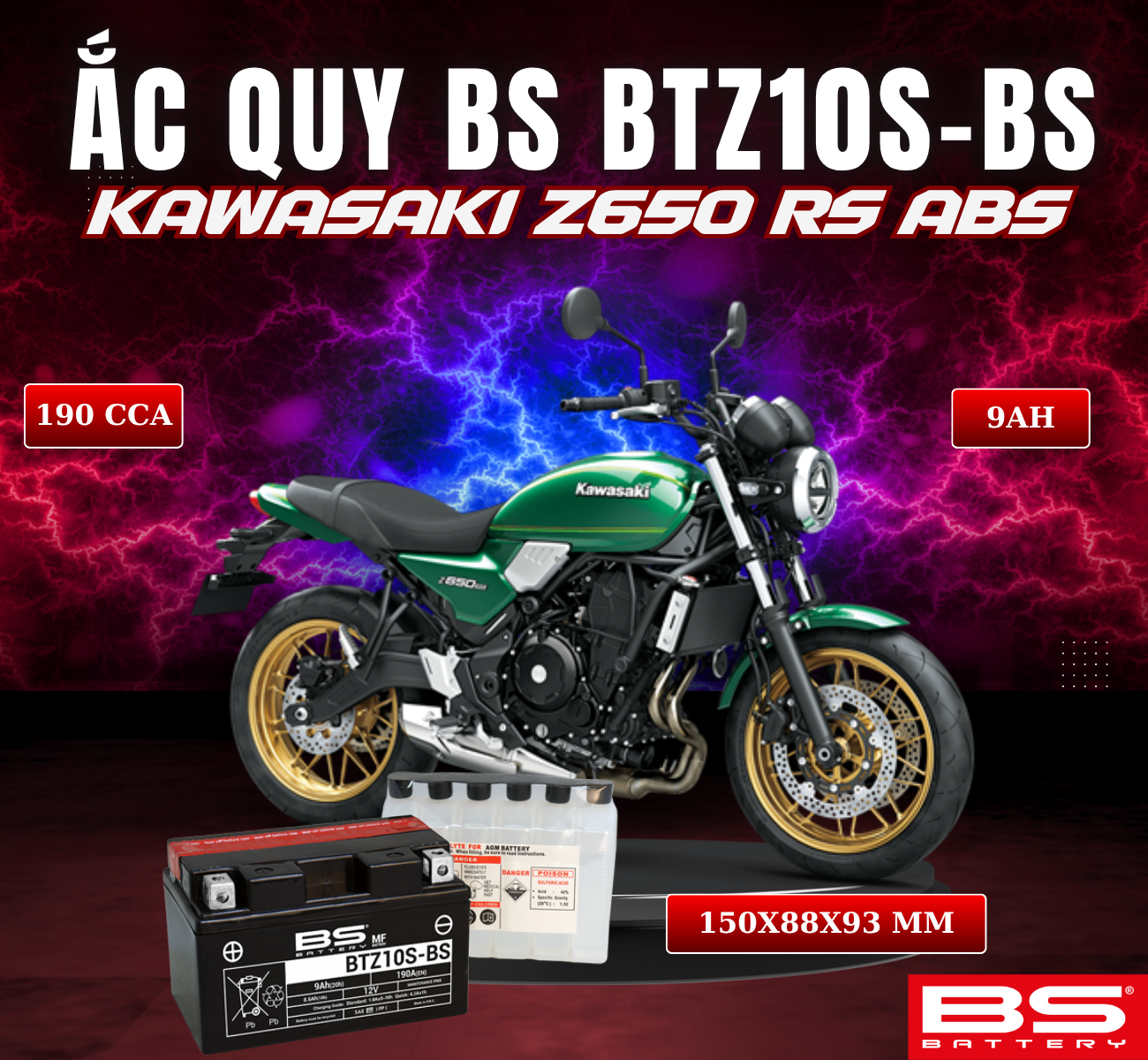 BÌNH ẮC QUY BS BATTERY BTZ10S-BS 190CCA Z650 RS ABS (150 x 88 x 93 mm)
