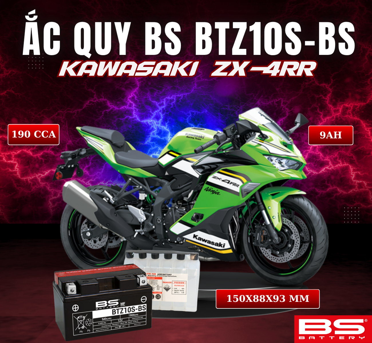 BÌNH ẮC QUY BS BATTERY BTZ10S-BS 190CCA KAWASAKI ZX-4RR (150 x 88 x 93 mm)