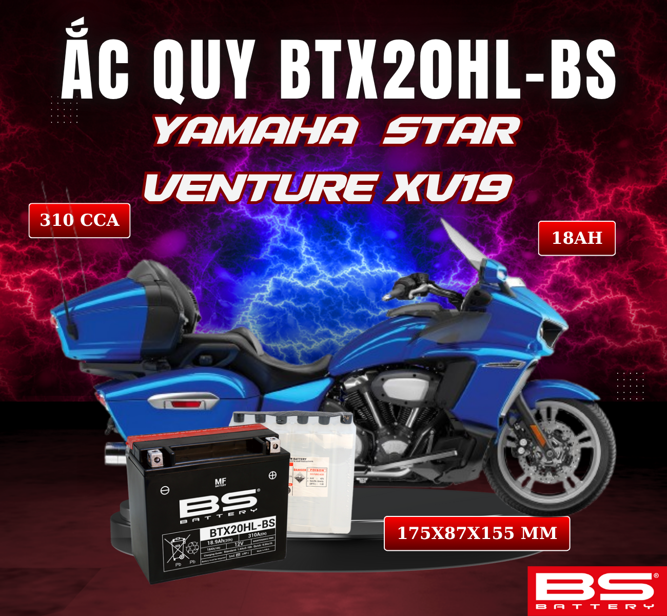 BÌNH ẮC QUY BS BTX20HL-BS 310CCA YAMAHA VENTURE XV19 (175x87x155 mm)