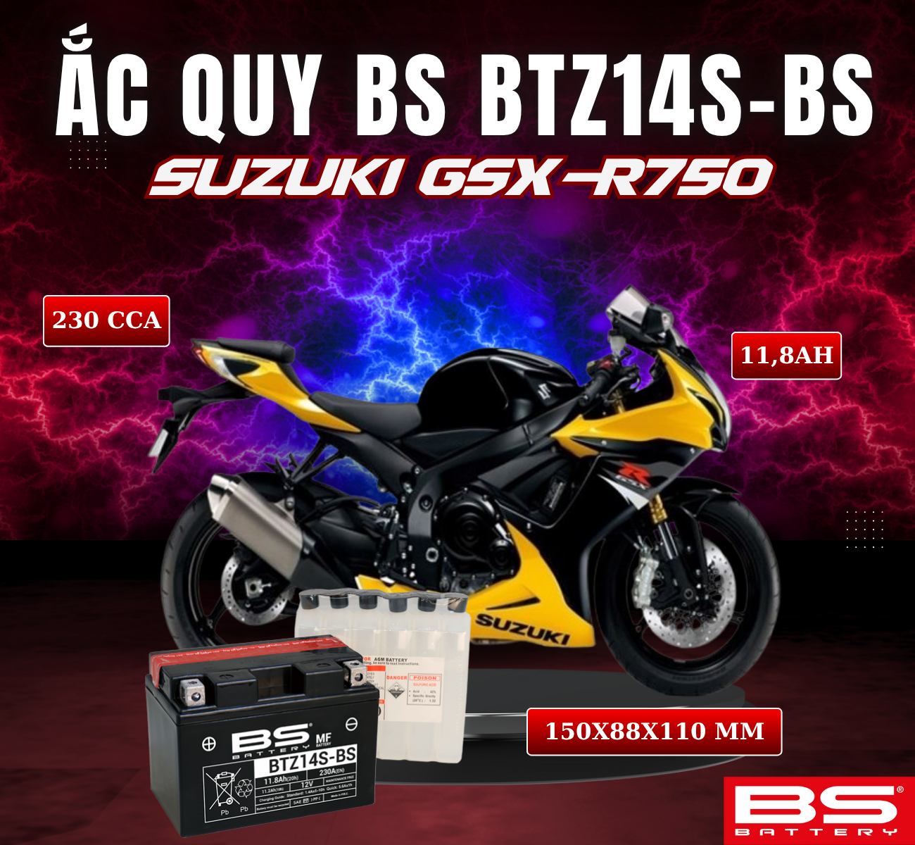 BÌNH ẮC QUY BS BTZ14S-BS 230CCA SUZUKI GSX-R750 (150x88x110 mm)