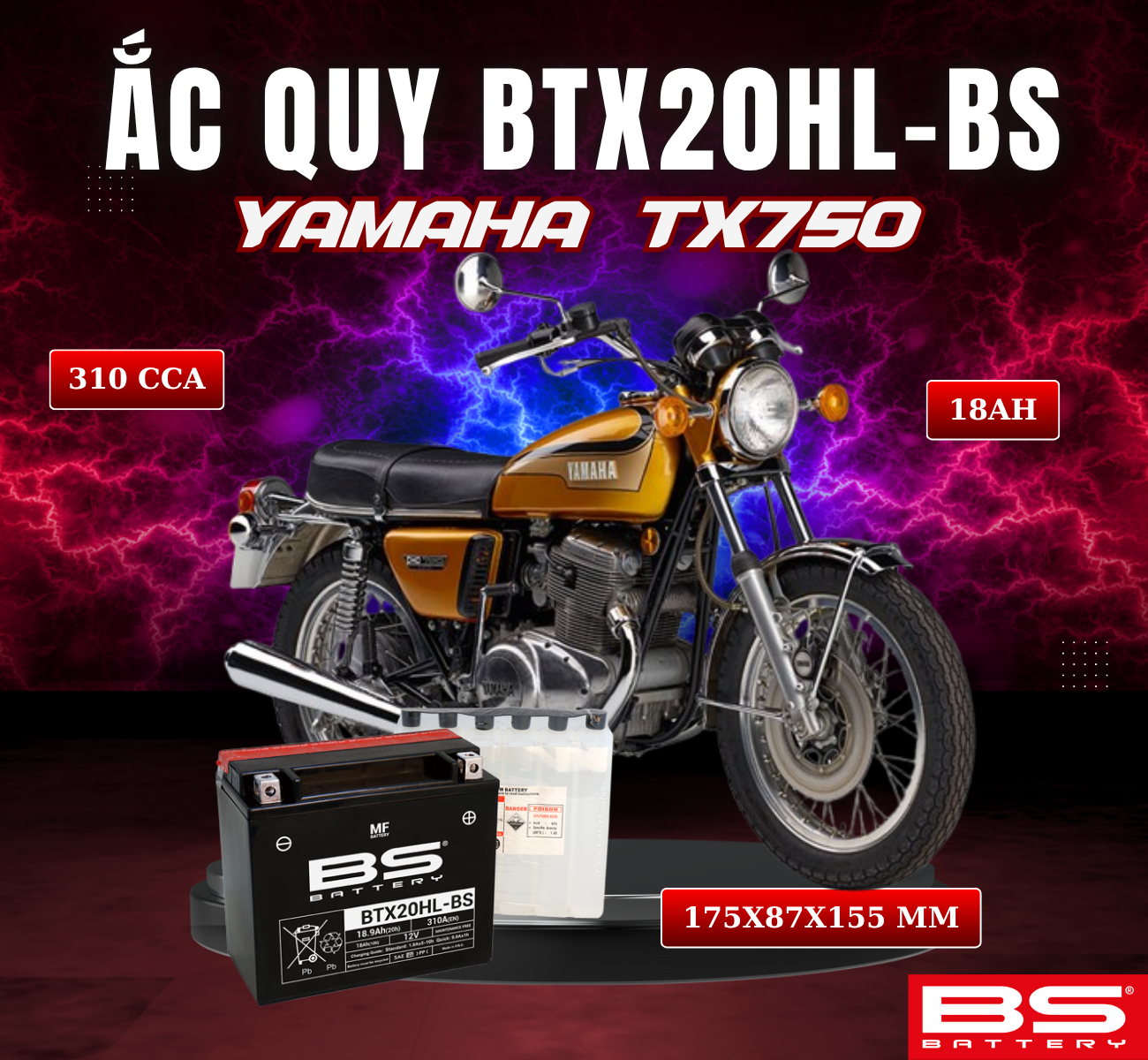 BÌNH ẮC QUY BS BTX20HL-BS 310CCA YAMAHA TX750 (175x87x155 mm)